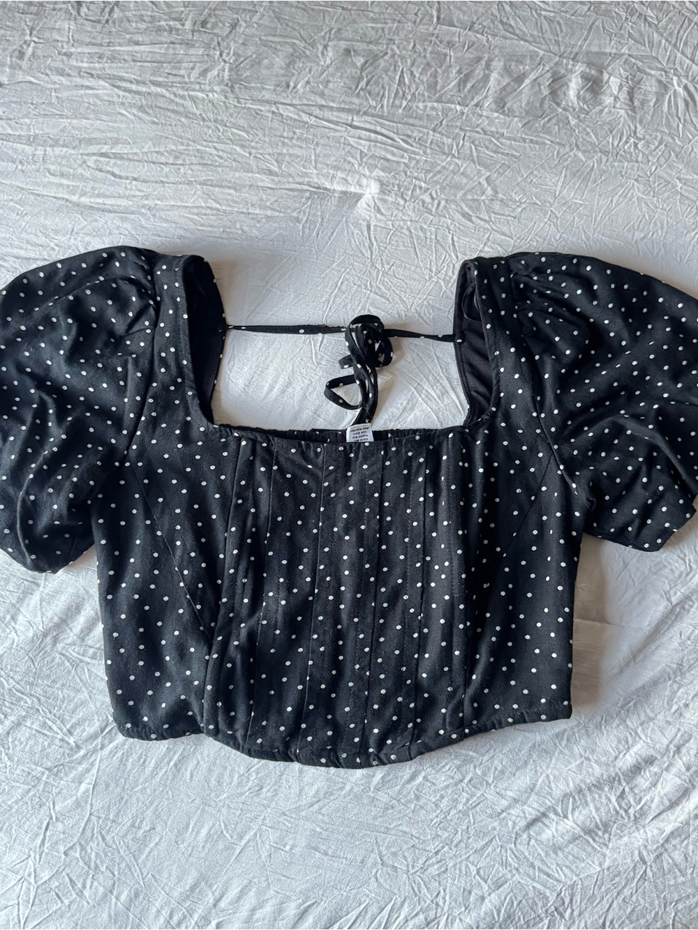 Midnight Sky Black Polka Dot Square Neck Puff Sleeve Top Size Small